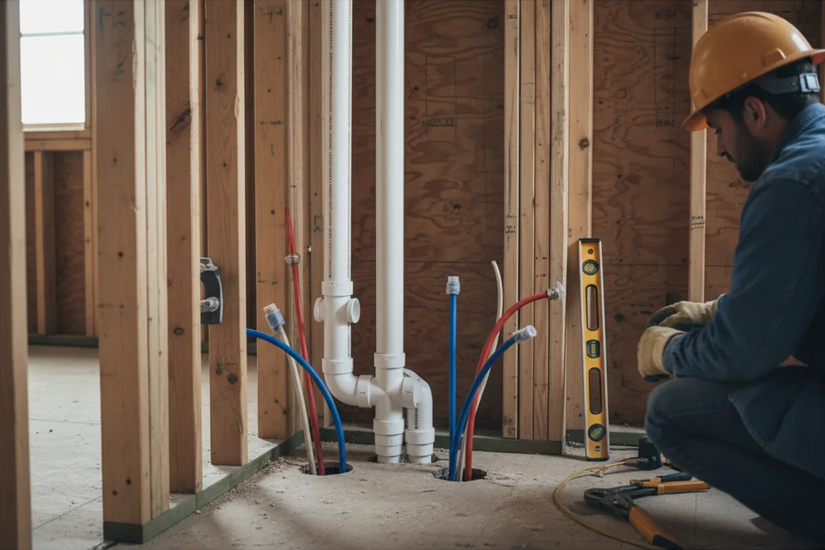 Drain and supply rough-in during Sump Pump Repair in Mastic