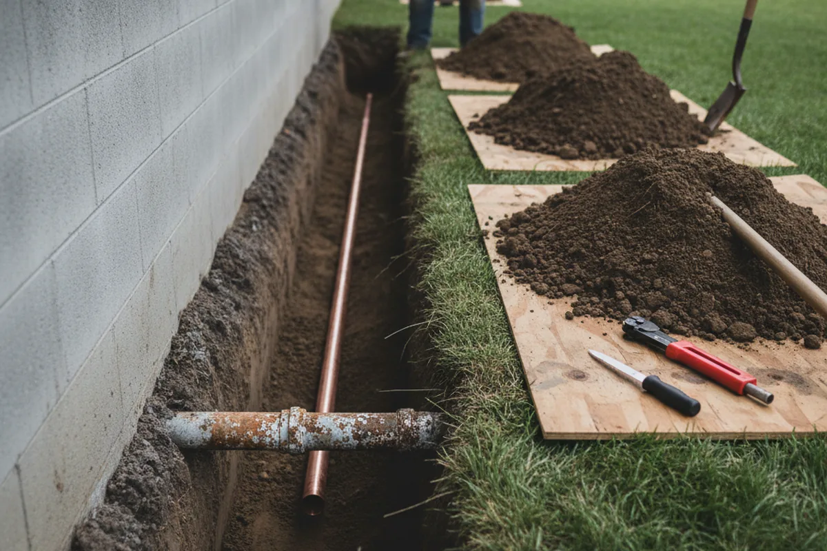 Excavated water line trench during Water Softener Installation in Mastic